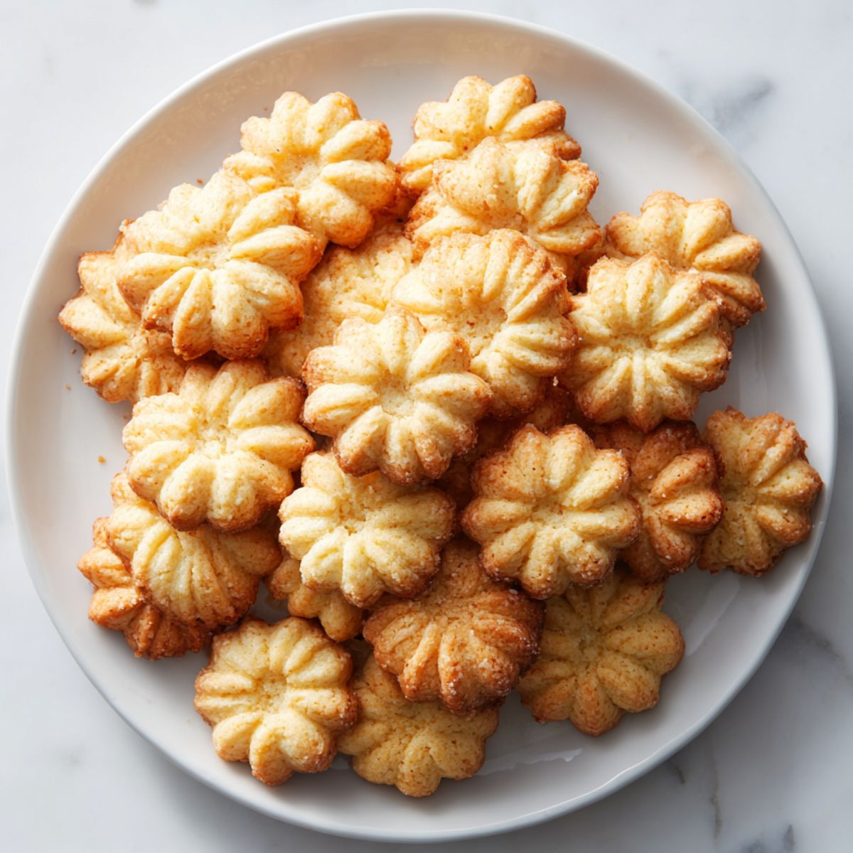 Homemade German spritz cookies recipe on a plate with rustic holiday decoration.

