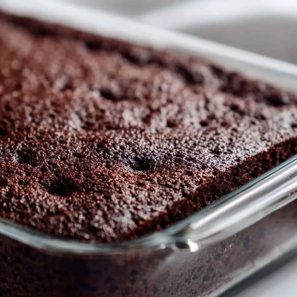 Chocolate cake with evenly spaced holes poked using wooden spoon handle