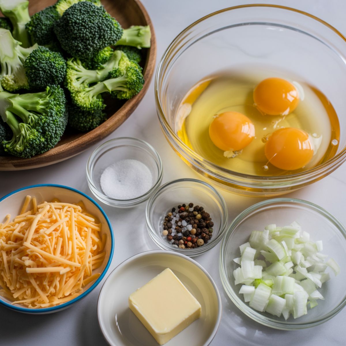 Raw ingredients for a broccoli cheddar omelette recipe laid out on a white counter.