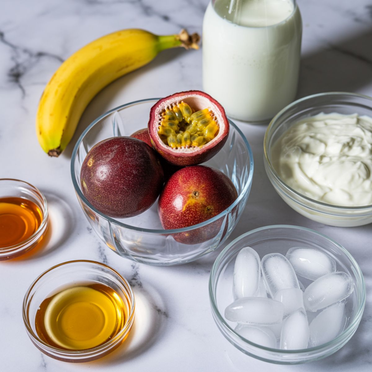 Ingredients for passionfruit smoothie displayed on a kitchen counter