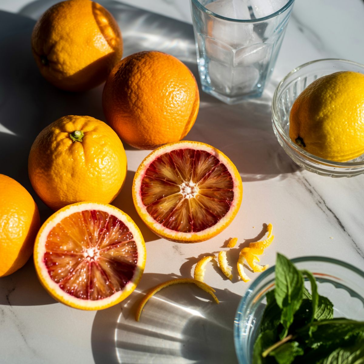 Whole and halved blood oranges with zest on a white kitchen counter.

