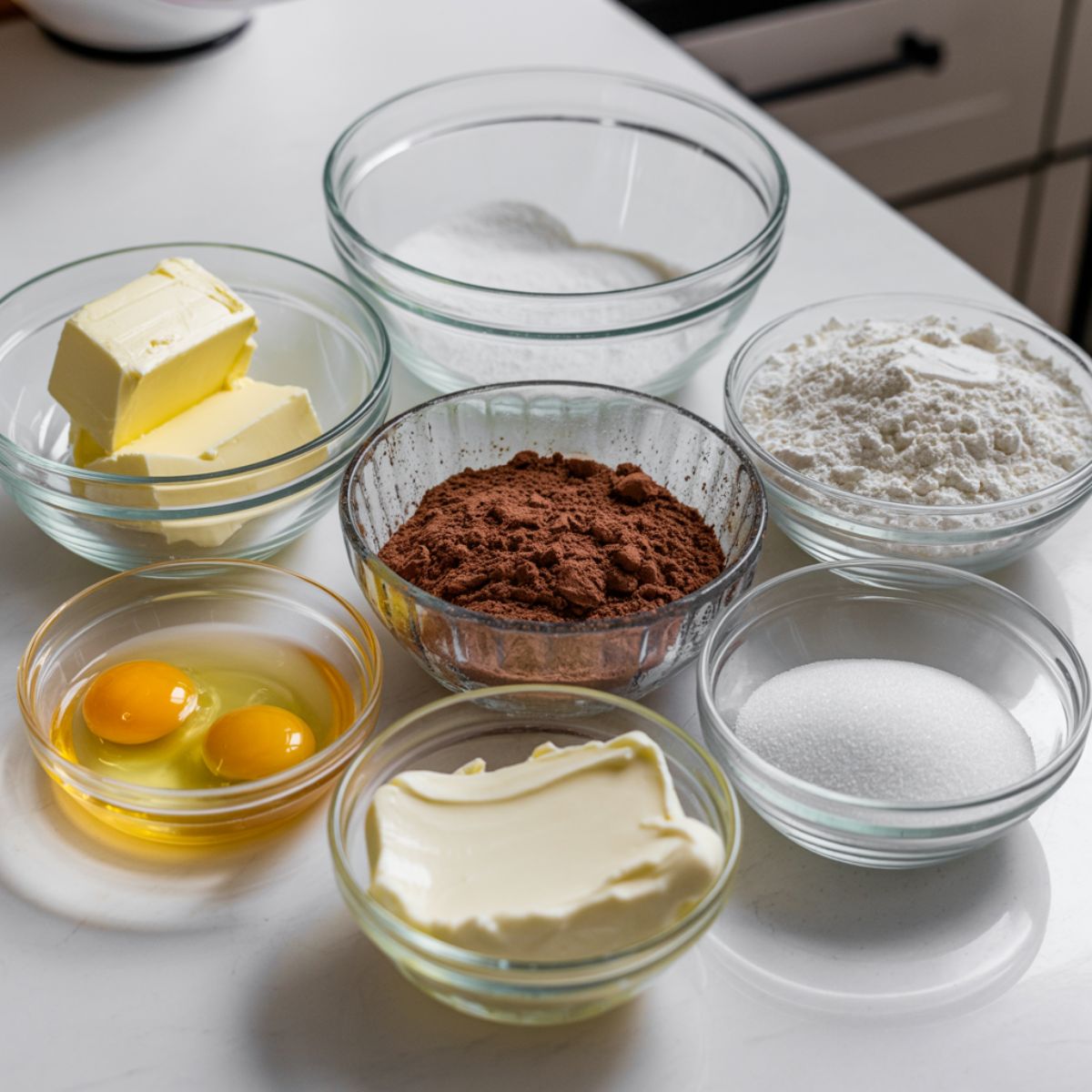 All ingredients for brownie bottom cheesecake laid out on a white countertop.