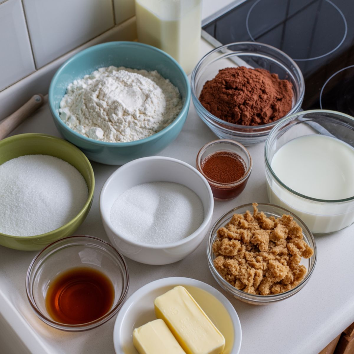 Ingredients for hot fudge pudding cake arranged on white kitchen counter