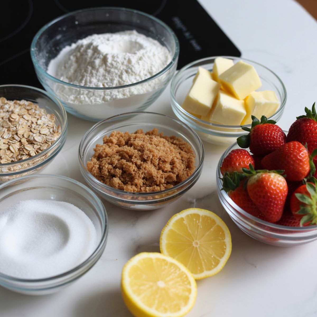 All ingredients for strawberry crumb bars recipe laid out on a white kitchen counter

