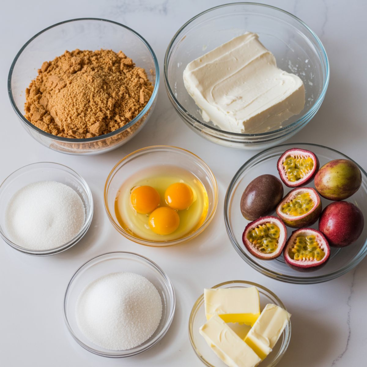 Homemade cheesecake ingredients arranged on a white kitchen counter

