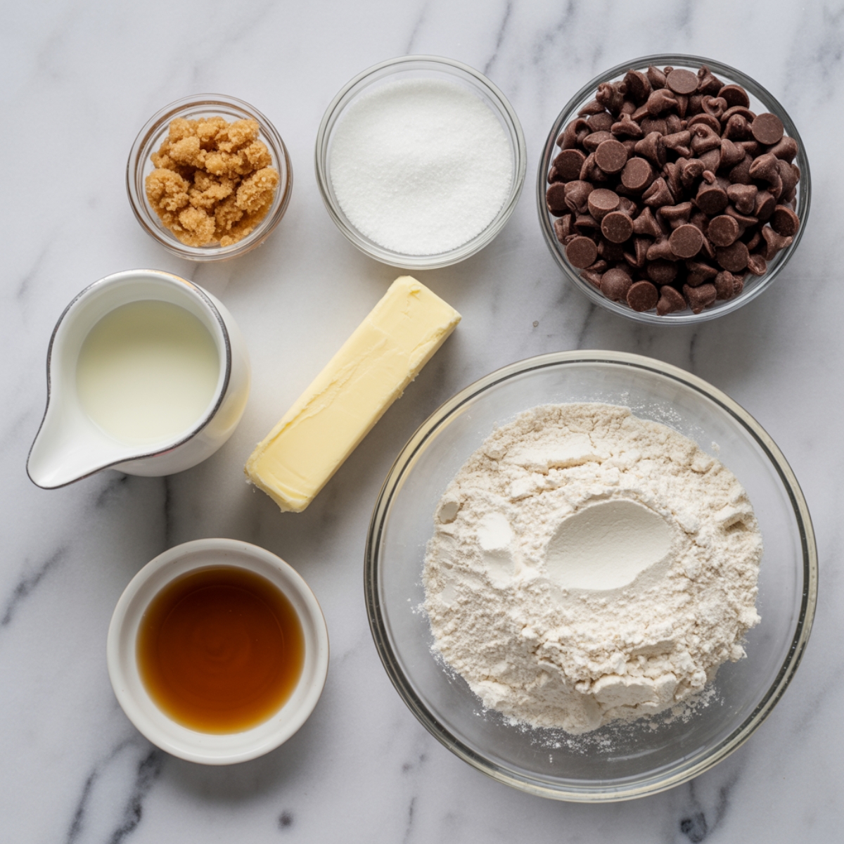 Ingredients for cookie dough bites laid out in small bowls on a white counter

