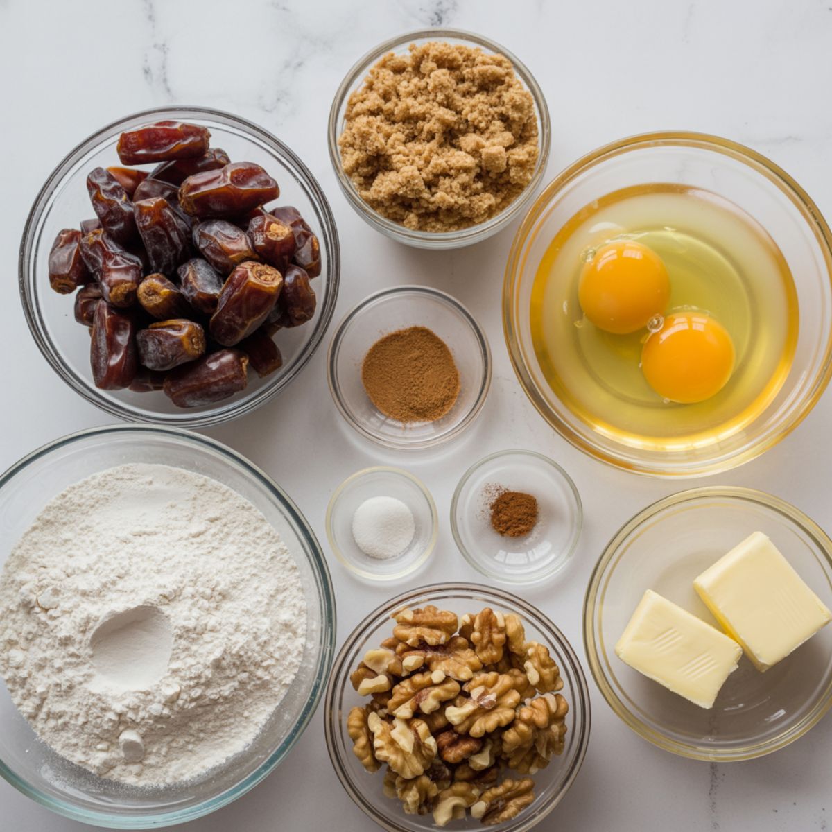 Flat lay of natural ingredients used to make date and walnut cake on a white countertop, including chopped dates and walnuts.

