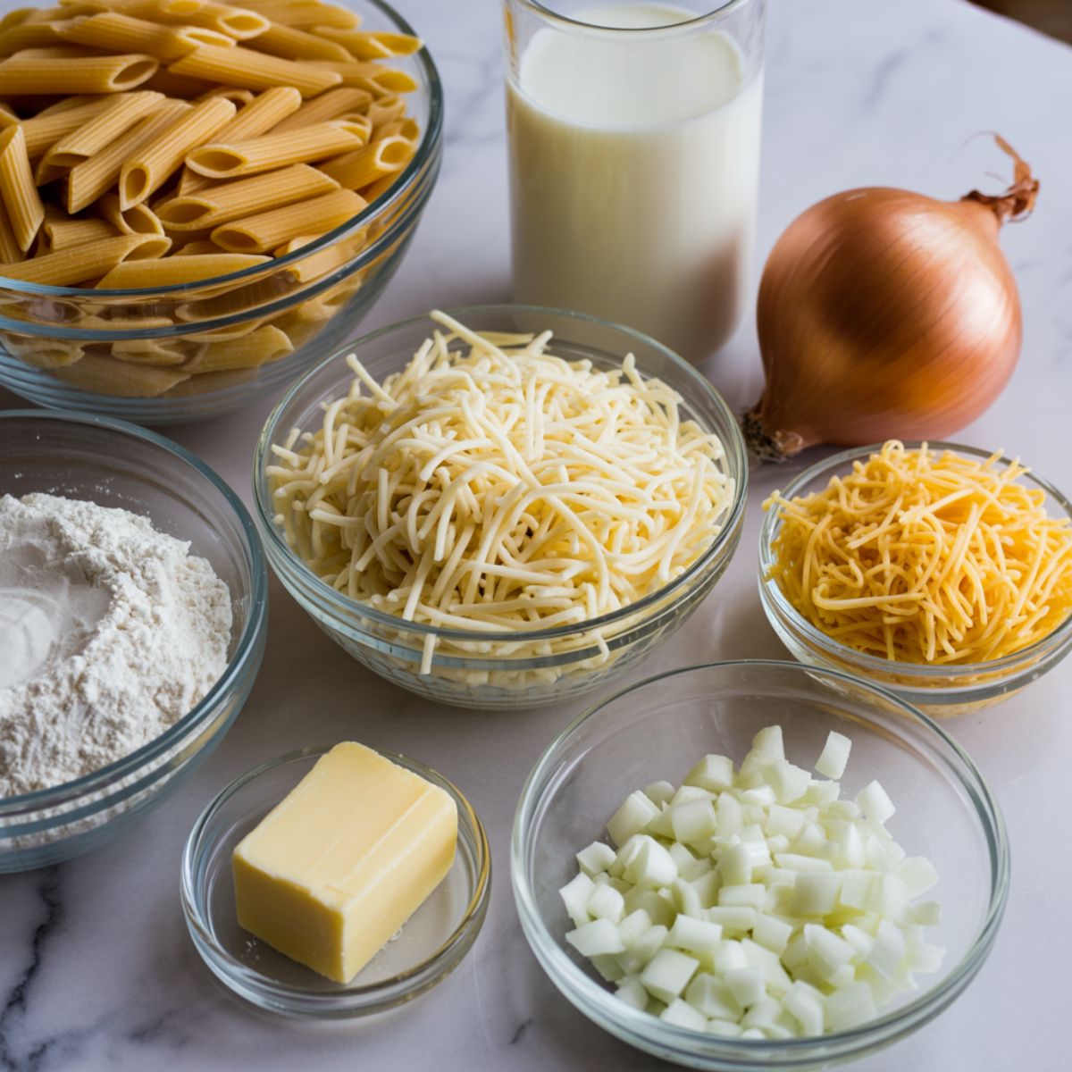 Four cheese pasta bake recipe ingredients laid out on a kitchen counter

