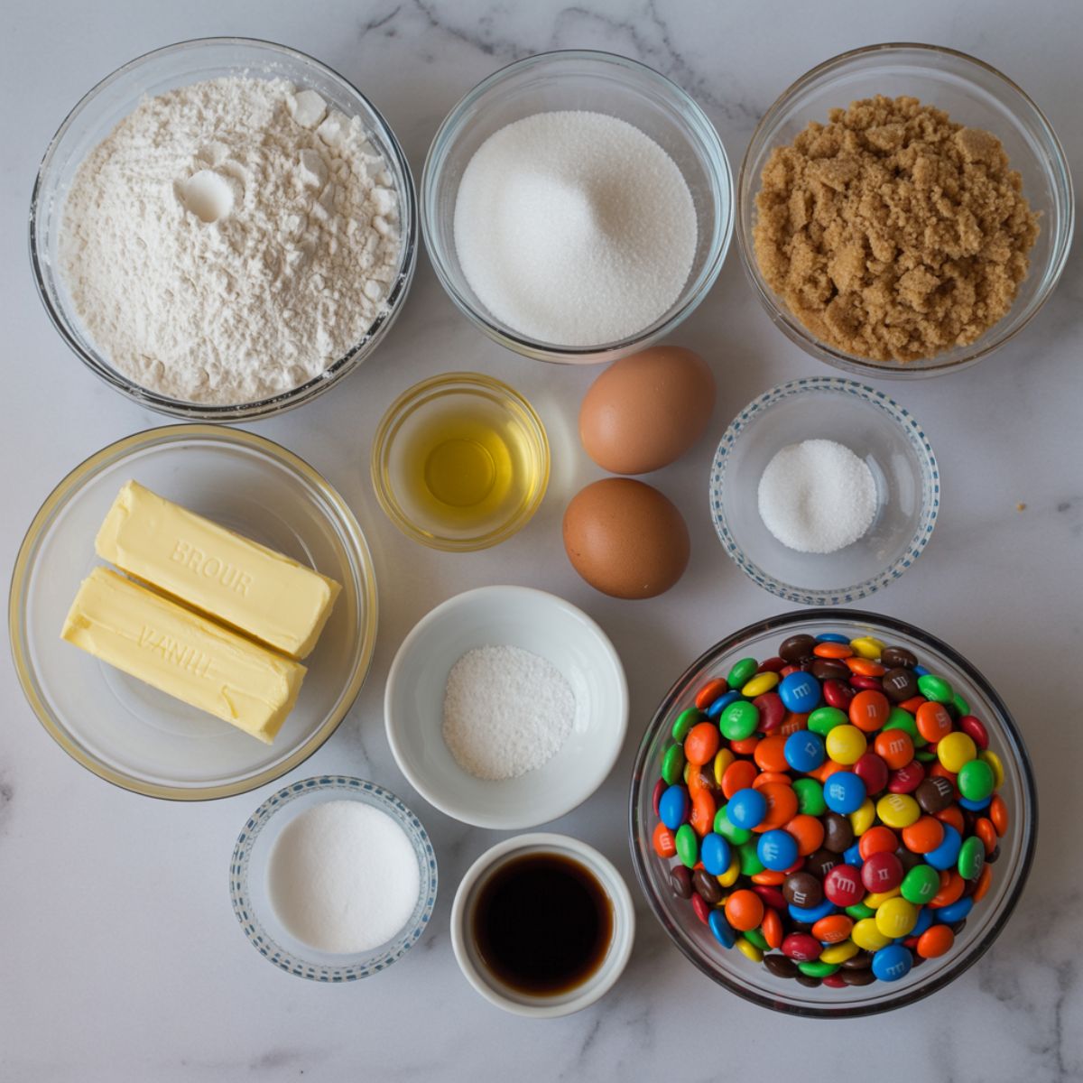 Ingredients for Mm cookie bars recipe laid out on a white counter
