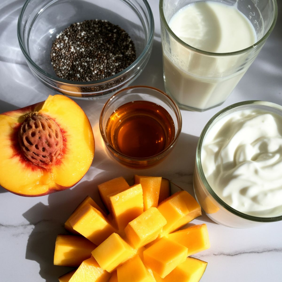 Top view of all peach mango smoothie ingredients on a white counter including peach, mango, yogurt, almond milk, honey, and chia seeds