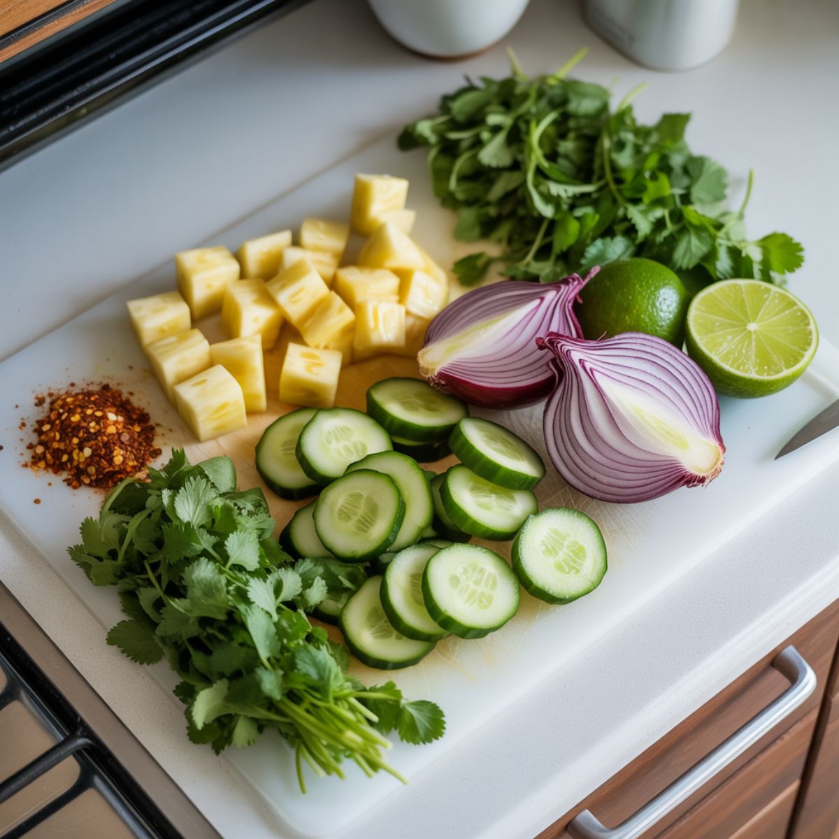 Fresh pineapple, cucumber, herbs, lime, and seasonings arranged for making salad

