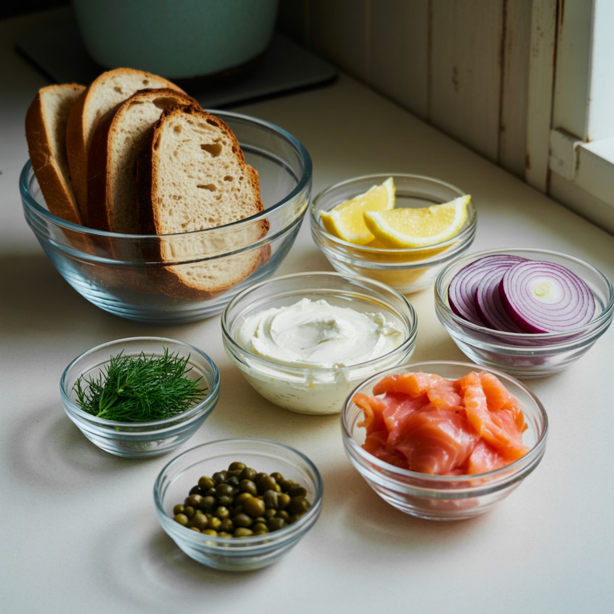 Close-up of smoked salmon toast ingredients laid out on a white kitchen counter.

