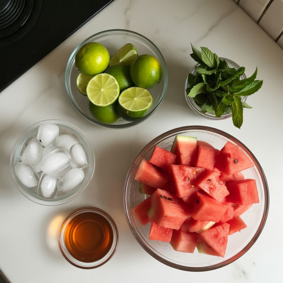 Ingredients for watermelon lime juice recipe arranged on a white kitchen counter