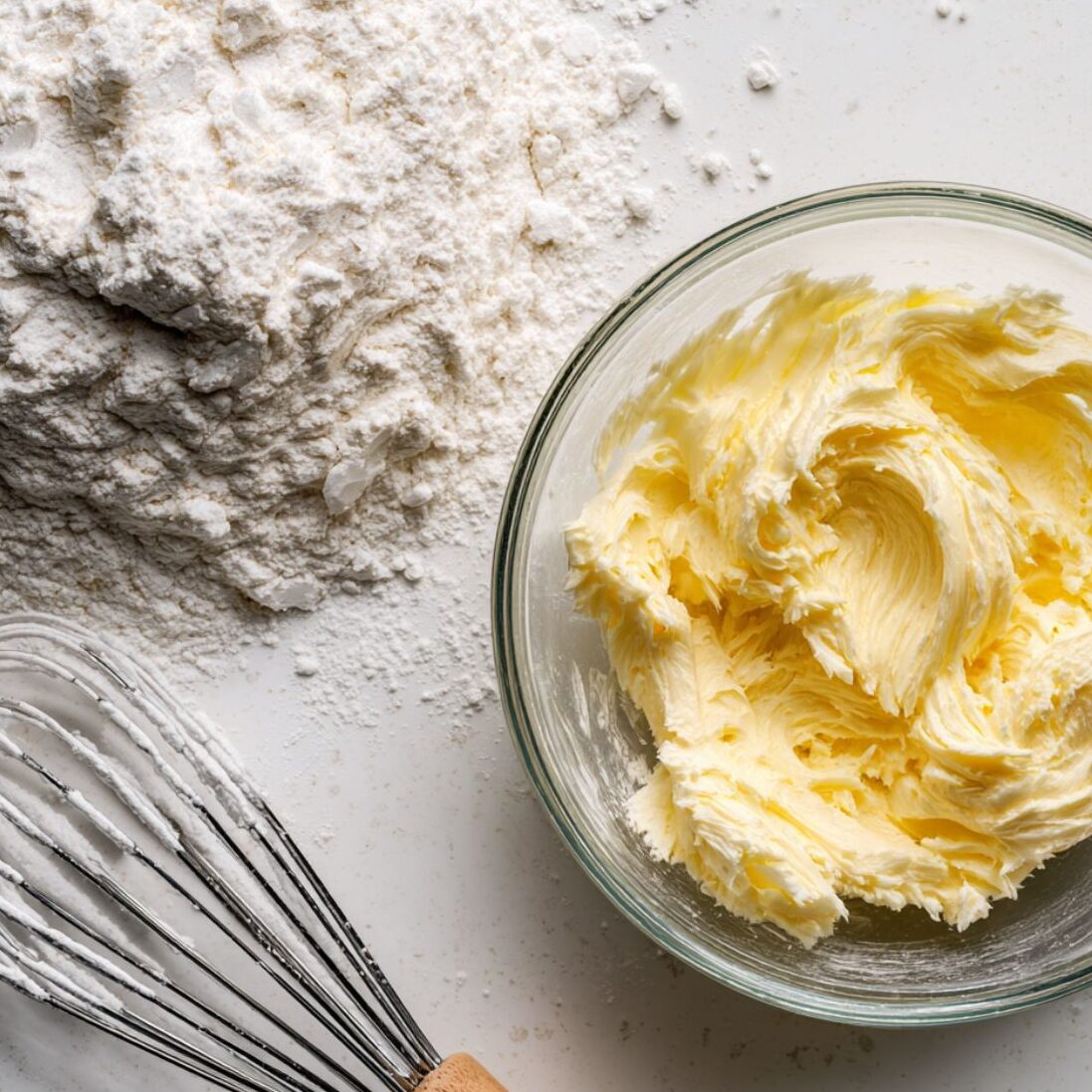 Creamed butter and sugar beside flour mixture on a white kitchen counter