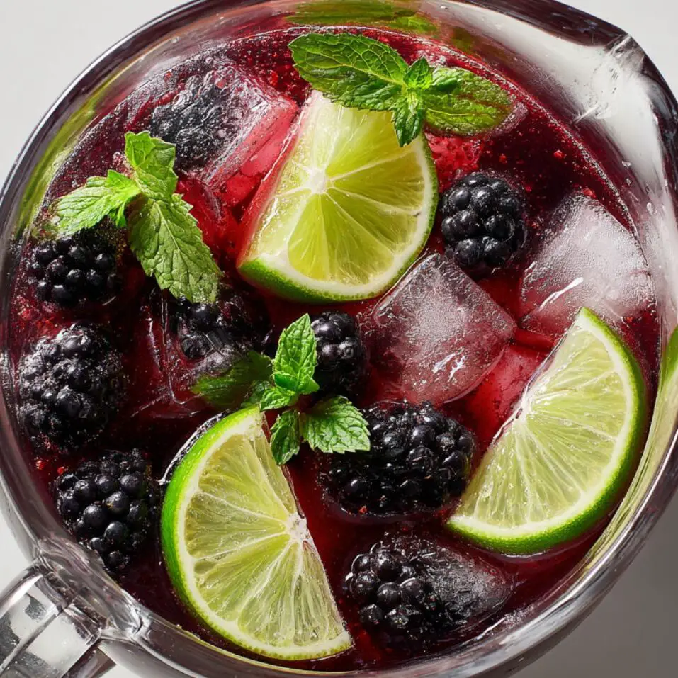 Pitcher of blackberry limeade with crushed ice and mint ready to serve