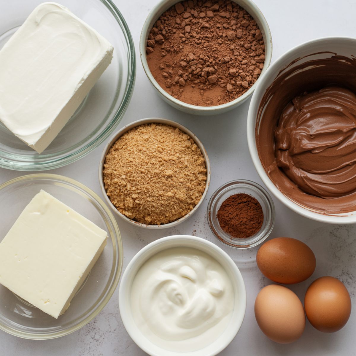 Mocha cheesecake ingredients laid out on a white kitchen counter in glass bowls