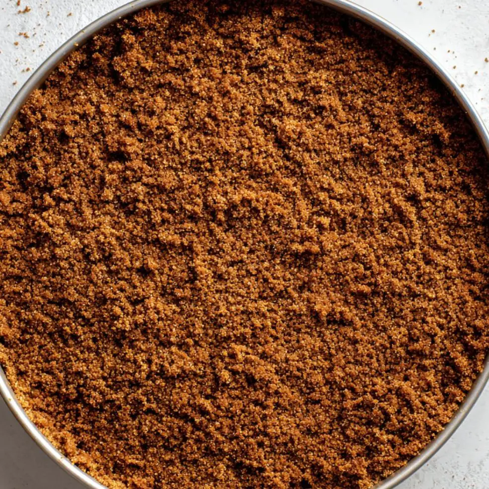 Pressed coffee crust in a springform pan with loose crumbs on the white counter