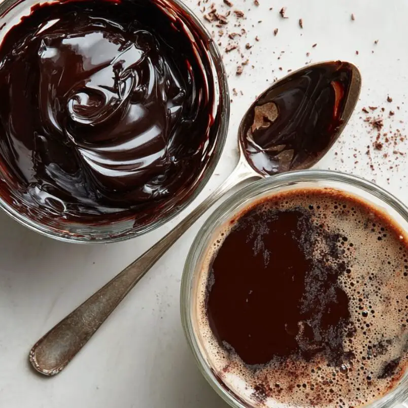 Two bowls on counter: one with melted chocolate, one with coffee mix