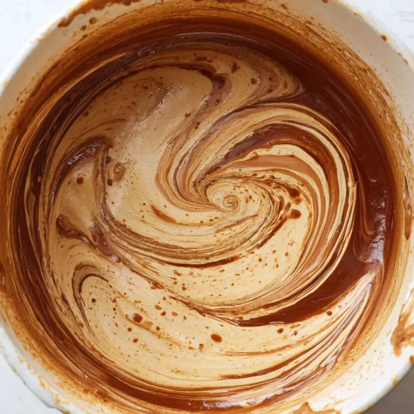 Creamy mocha cheesecake batter in a mixing bowl with swirls and drips