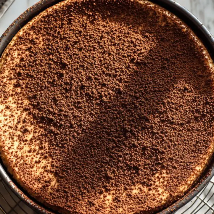 Mocha cheesecake cooling in springform pan with slightly cracked surface