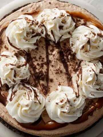 Homemade mocha ice cream cake recipe with chocolate ganache and whipped cream topping