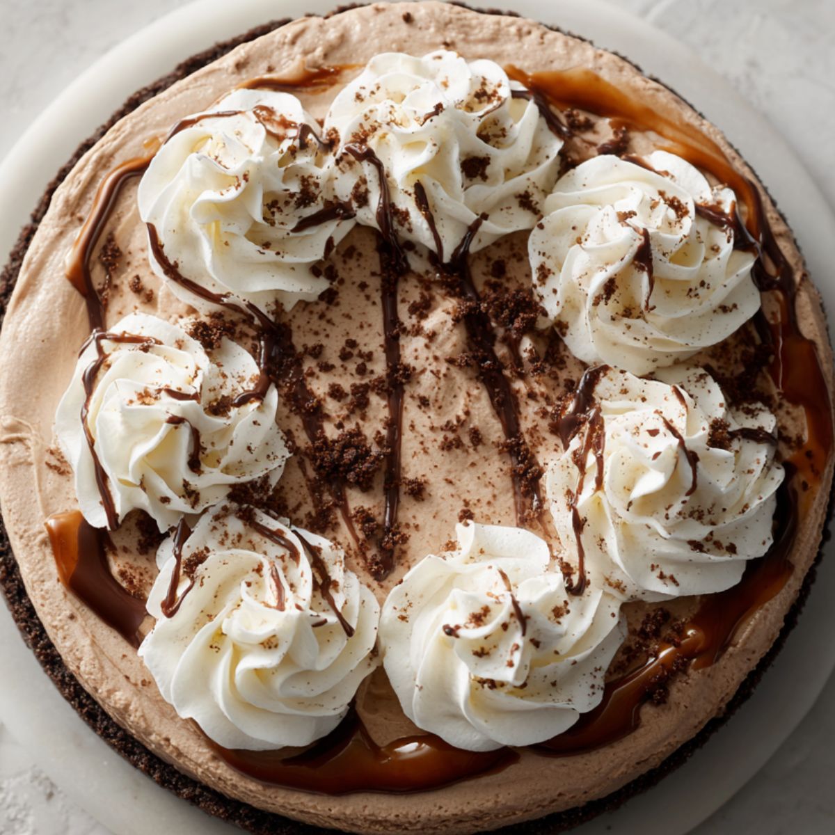 Homemade mocha ice cream cake recipe with chocolate ganache and whipped cream topping