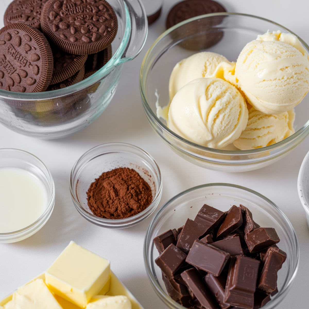 Overhead view of ingredients for mocha ice cream cake including cookies, ice cream, espresso powder, cream, and chocolate