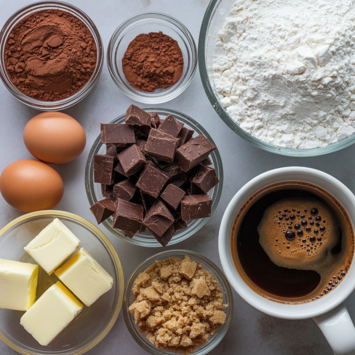 Ingredients for making homemade mocha muffins arranged on a white kitchen counter