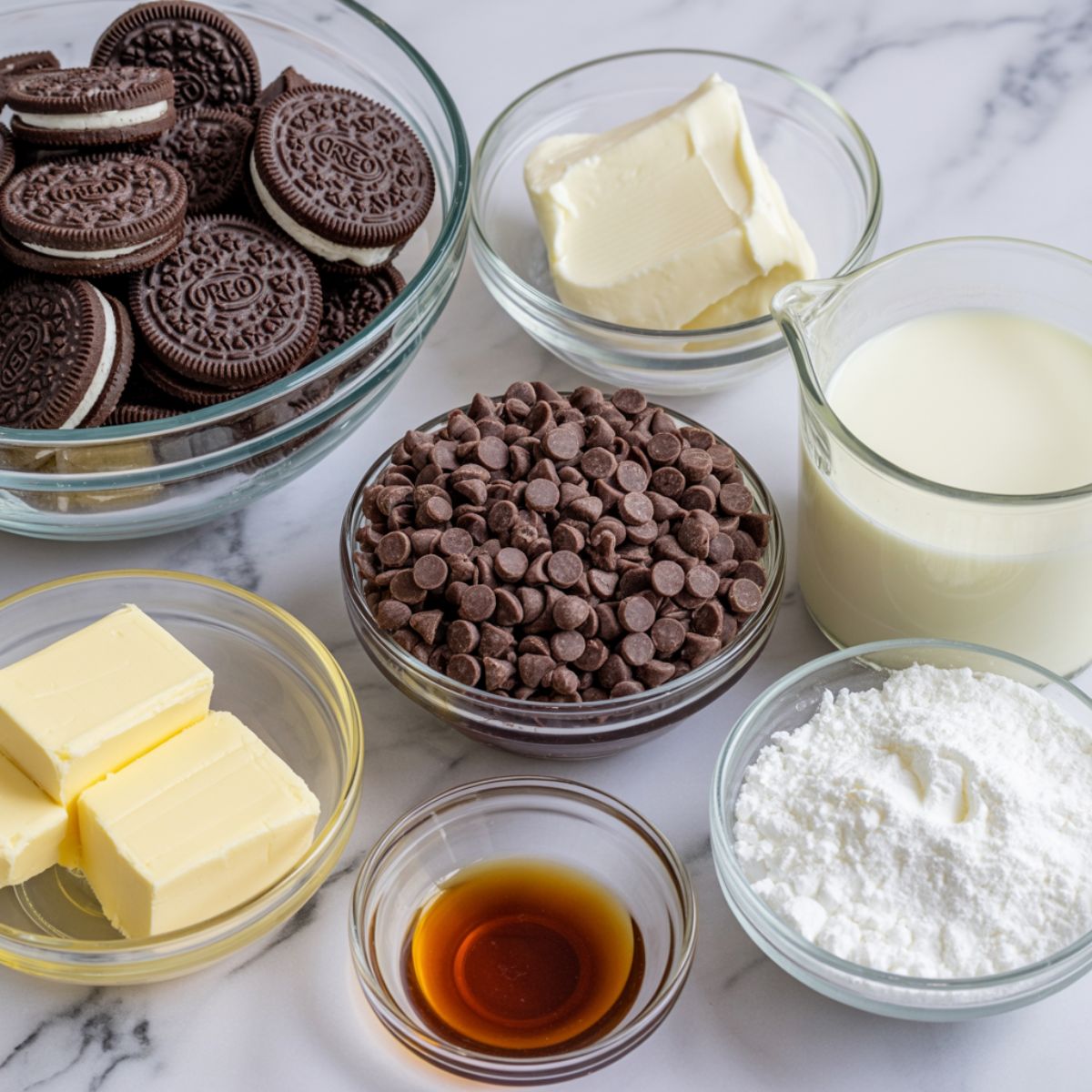 Ingredients for Oreo cookie bars recipe laid out on a marble counter