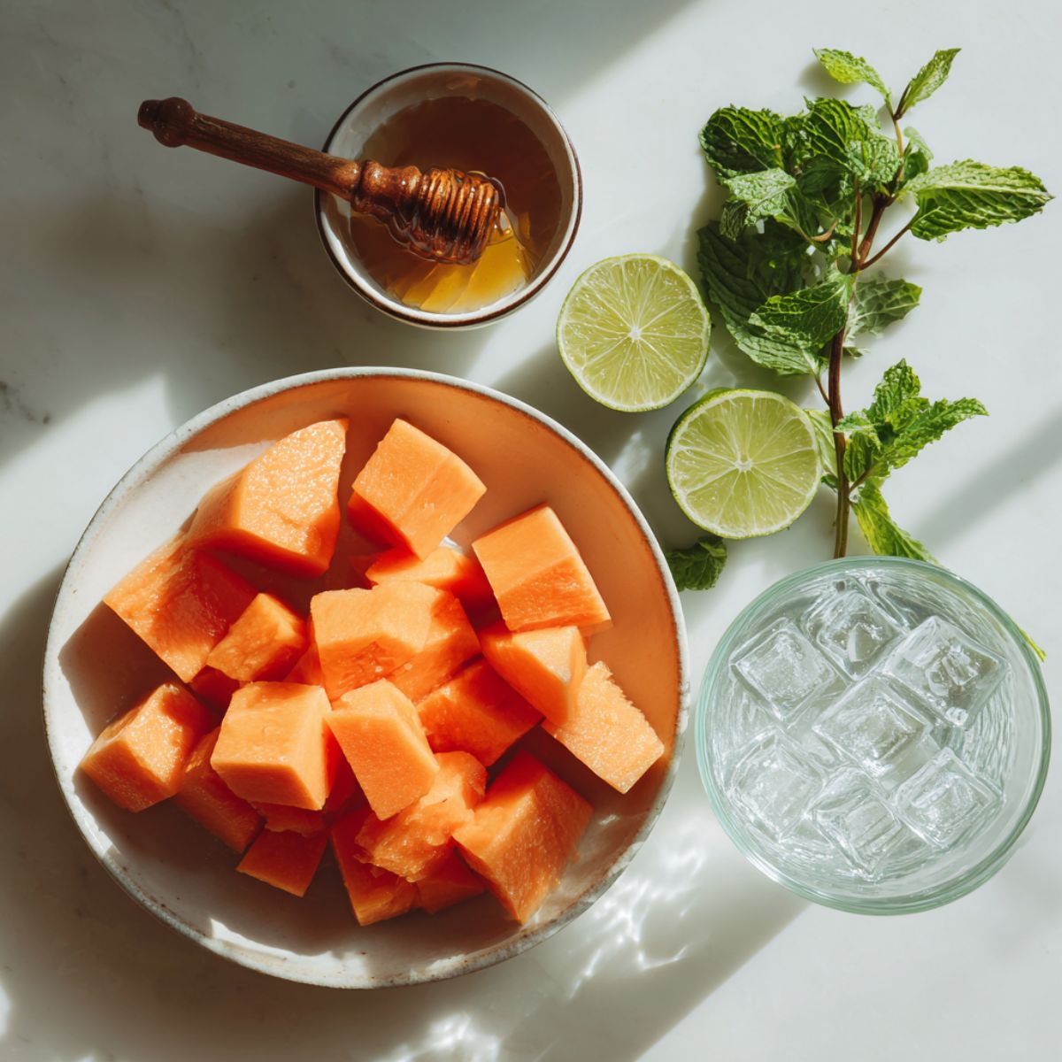 Ingredients for papaya juice laid out on a white surface