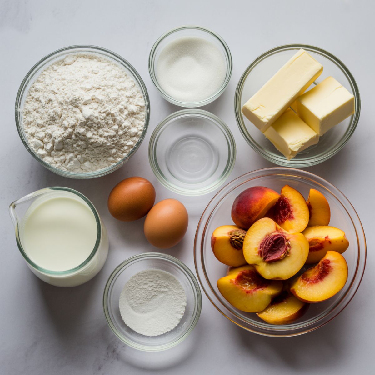 Ingredients for peach crumb cake arranged on a white counter in glass bowls.