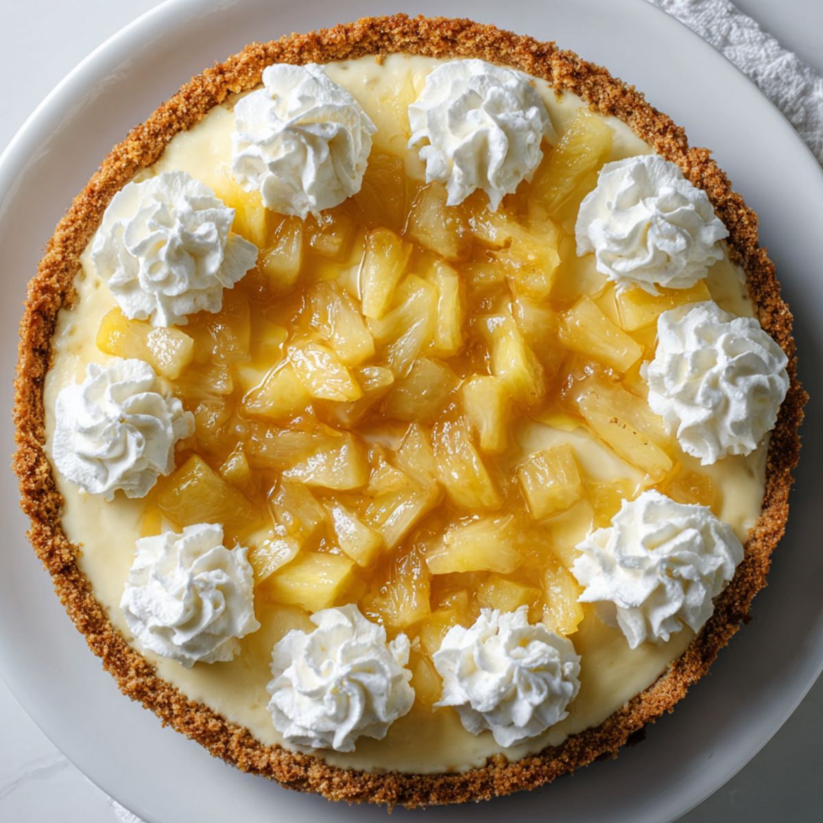 Pineapple cheesecake recipe with whipped topping and pineapple chunks on a white plate