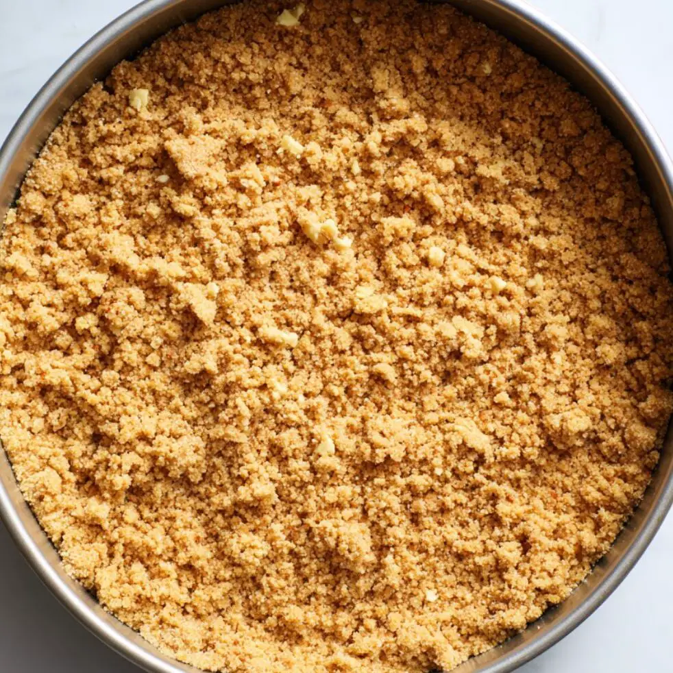 Graham cracker crust pressed into a pan for pineapple cheesecake