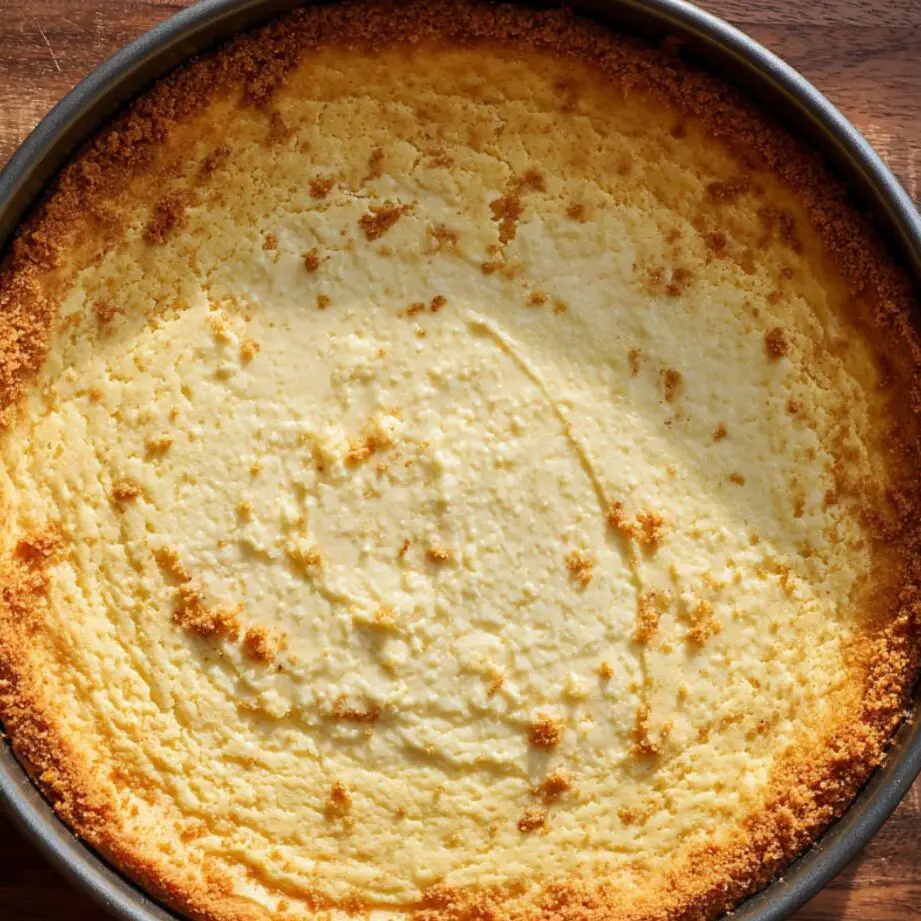 Cheesecake baking in the oven with lightly golden edges