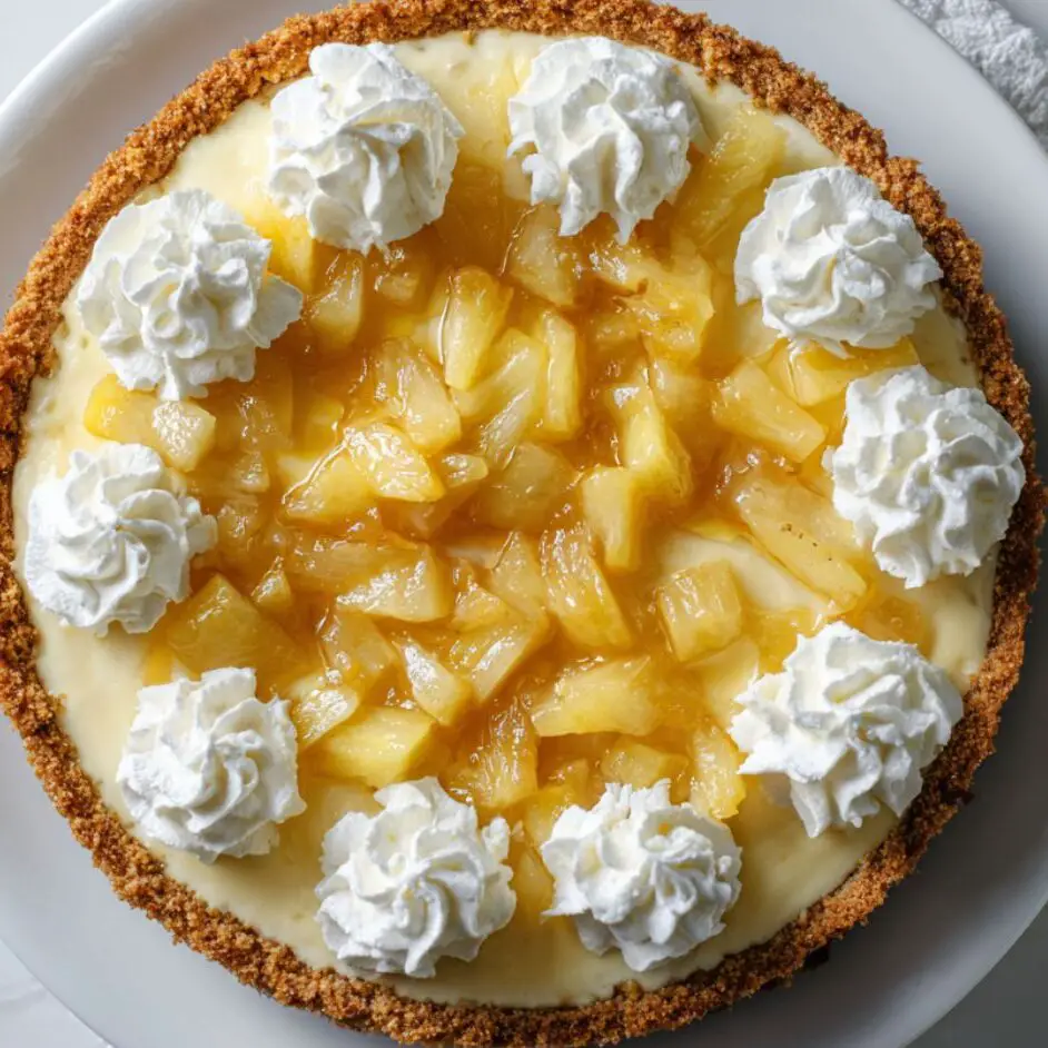 Cooled pineapple cheesecake topped with whipped cream and pineapple

