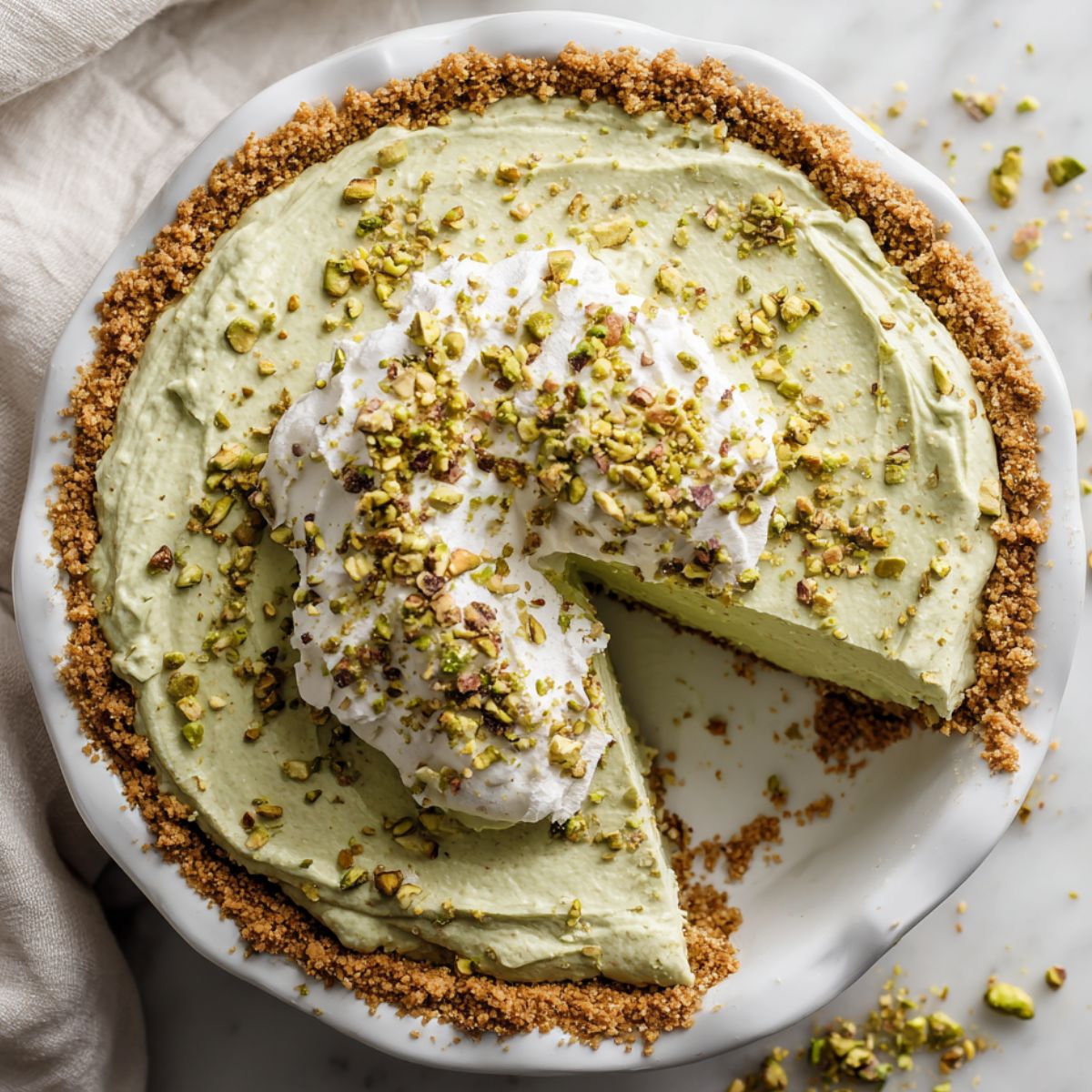 Overhead shot of a homemade pistachio pie recipe with whipped topping and crushed pistachios

