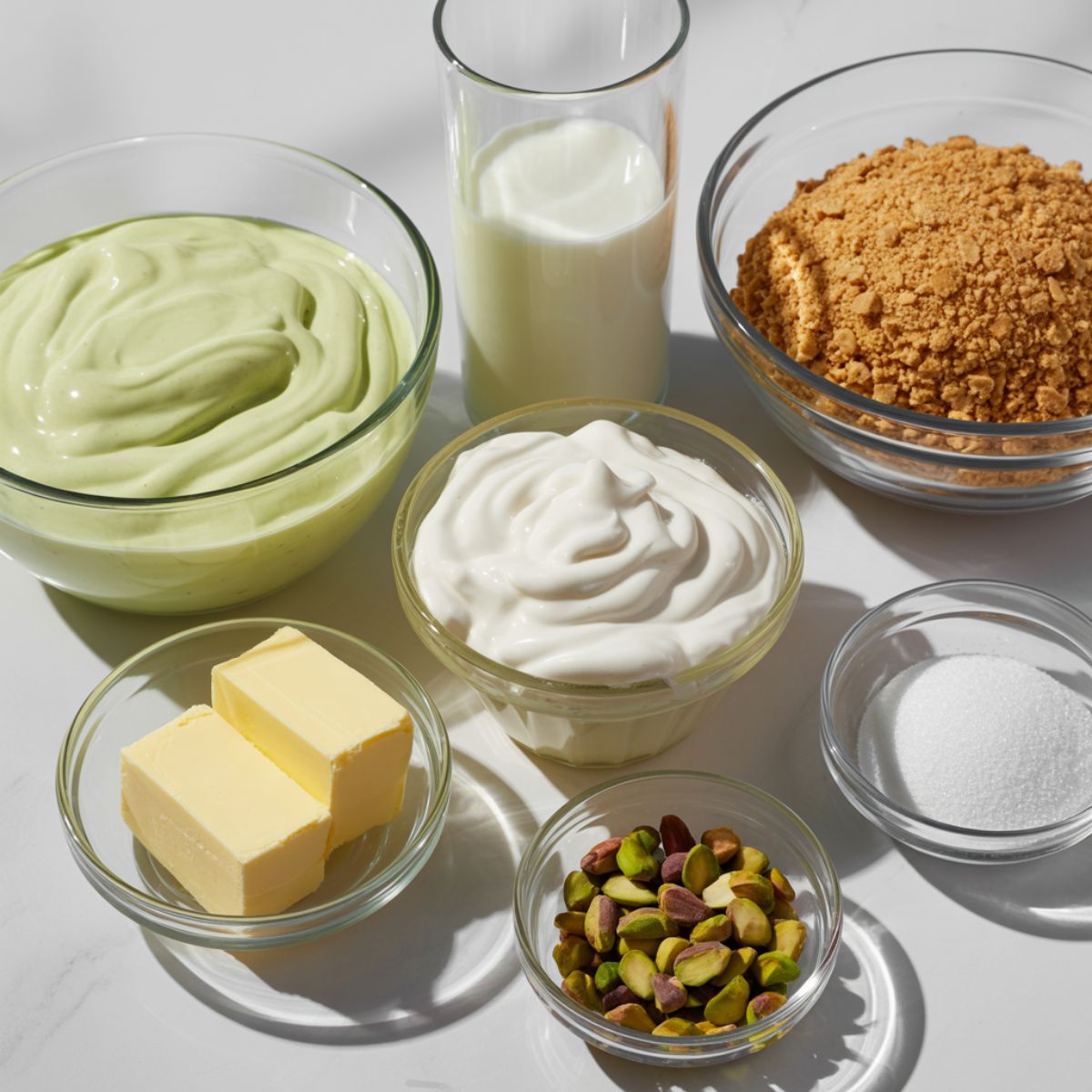 Overhead view of all ingredients needed for a pistachio pie laid out on a white surface