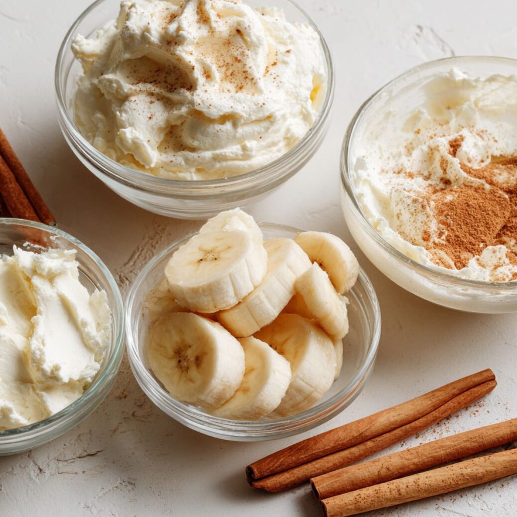 Softened cream cheese and frozen banana ready for smoothie