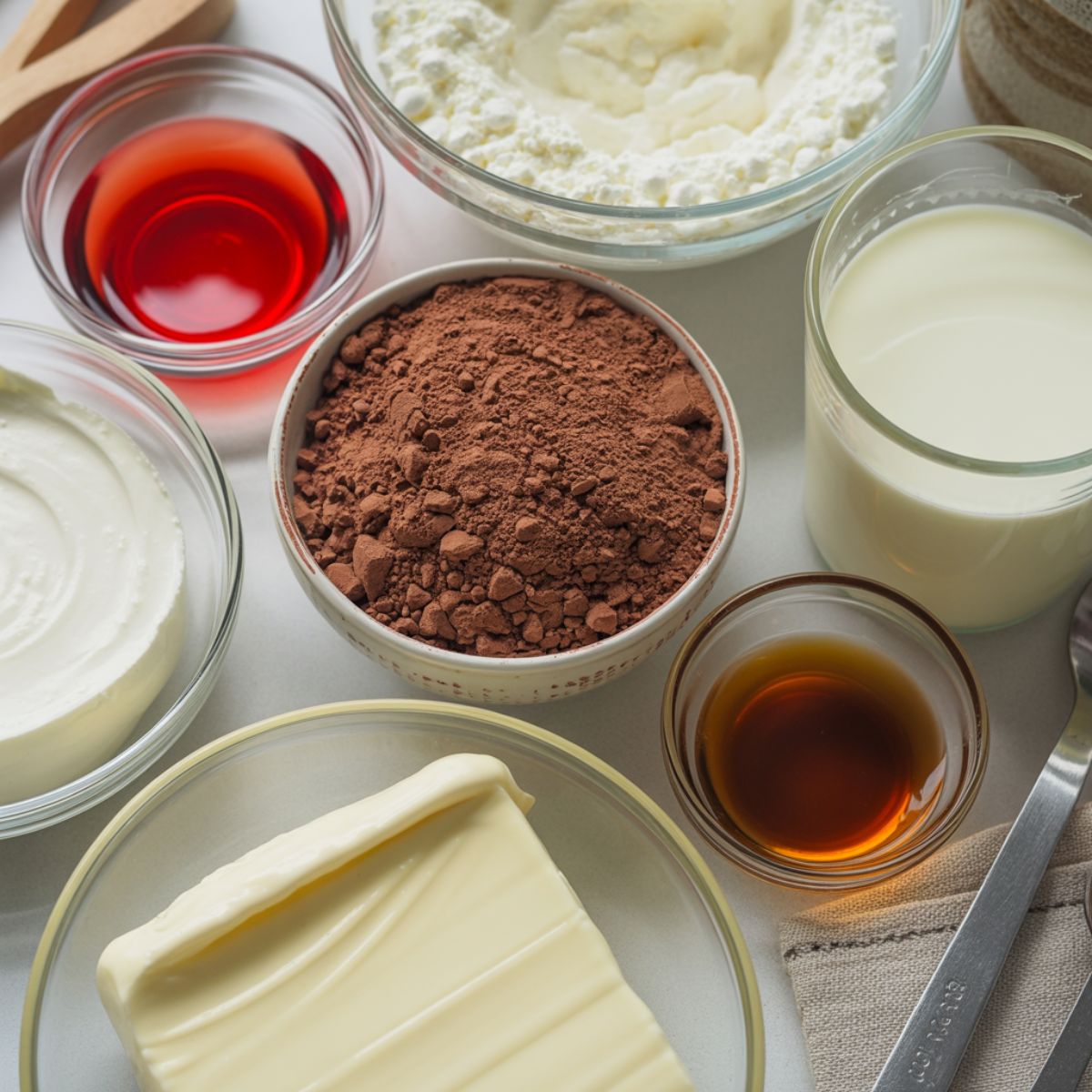 Red velvet pudding ingredients arranged on a white kitchen counter