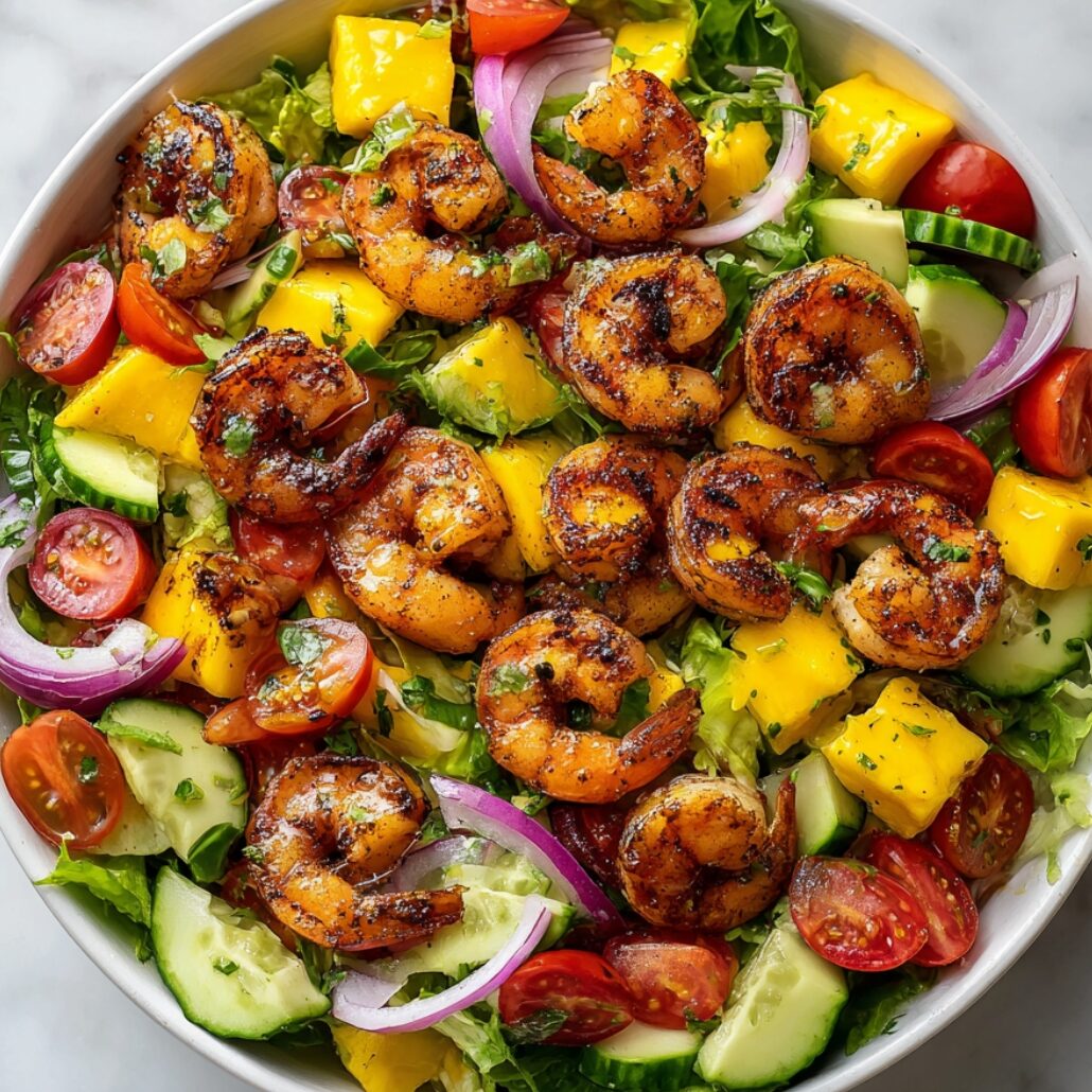 Overhead view of salad bowl with shrimp, mango, and vegetables being assembled