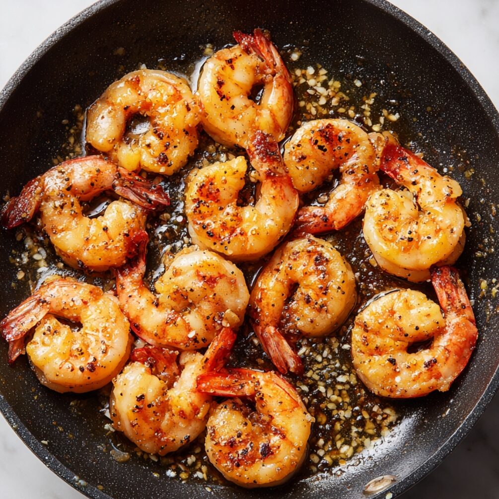 Overhead view of cooked shrimp in a skillet for the shrimp mango salad