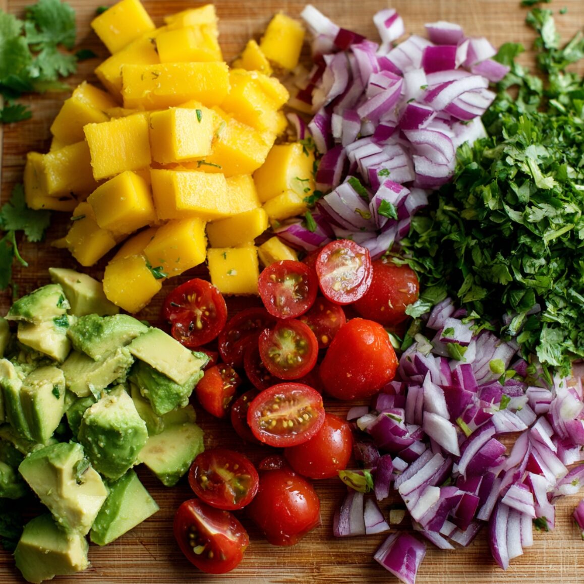 Fresh chopped ingredients for shrimp mango salad including mango, avocado, and red onion