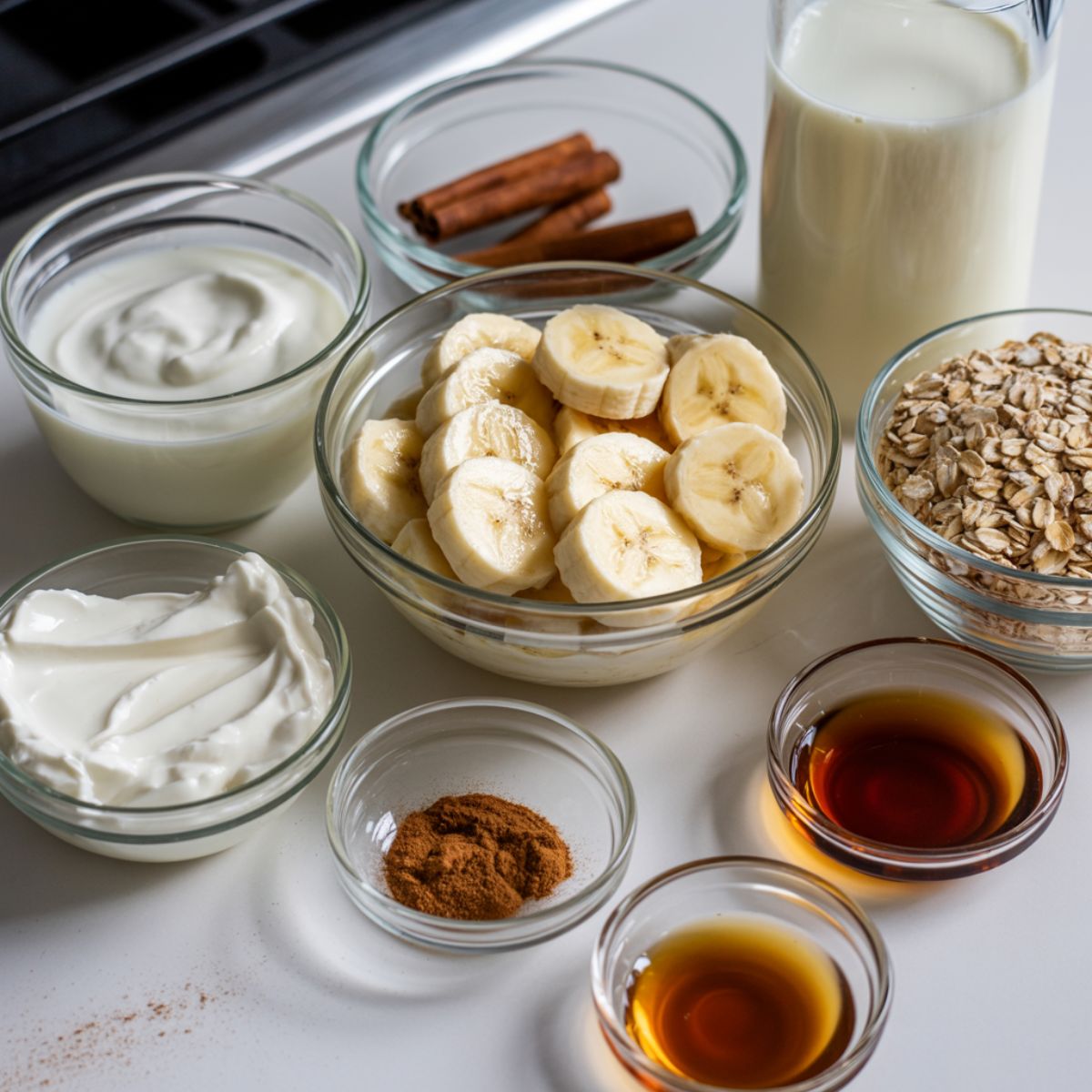 Flat lay of ingredients used in cinnamon roll smoothie recipe