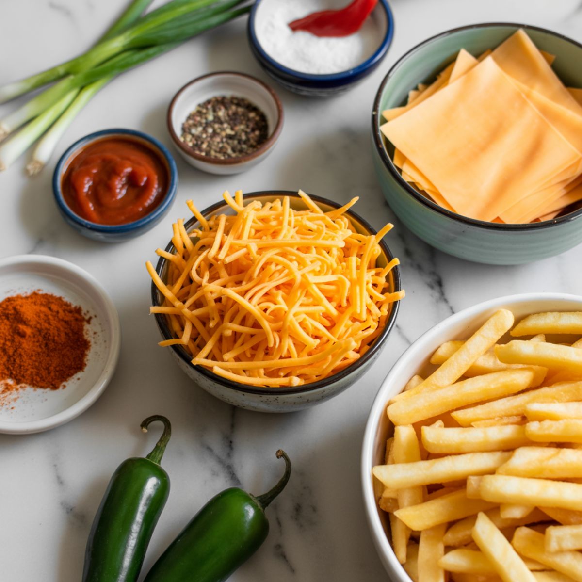 Ingredients for homemade spicy cheese fries spread casually on a white kitchen counter.

