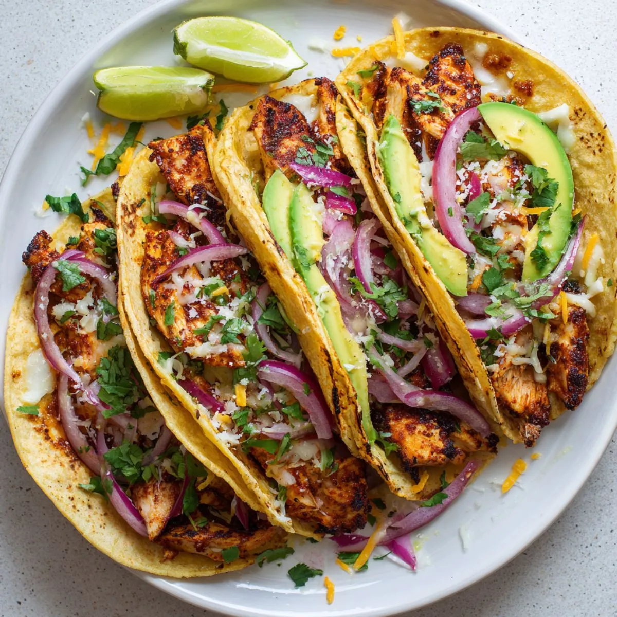 Freshly made spicy chicken tacos recipe on white kitchen counter


