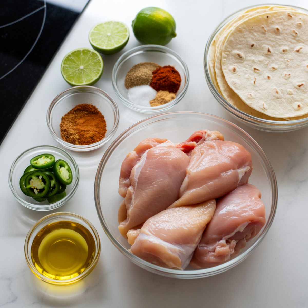 Ingredients for spicy chicken tacos laid out on white kitchen counter
