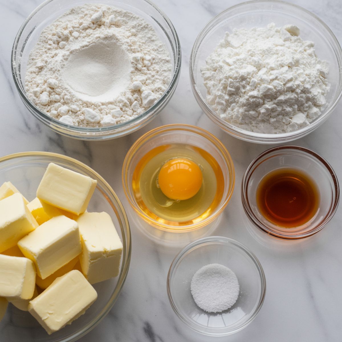 Flat lay of German spritz cookies ingredients on a white kitchen counter.

