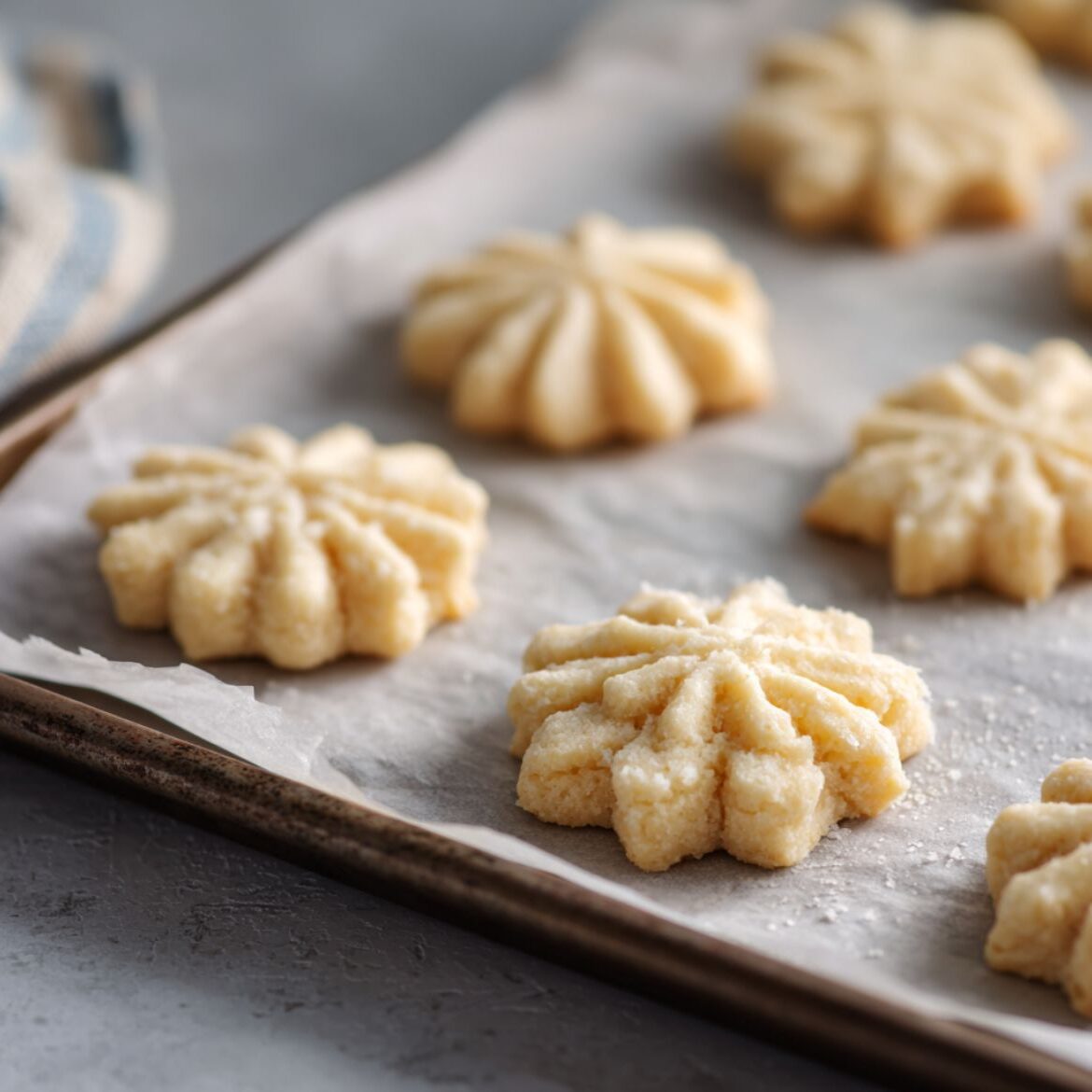 Spritz cookie dough being pressed onto a baking sheet in star shapes.

