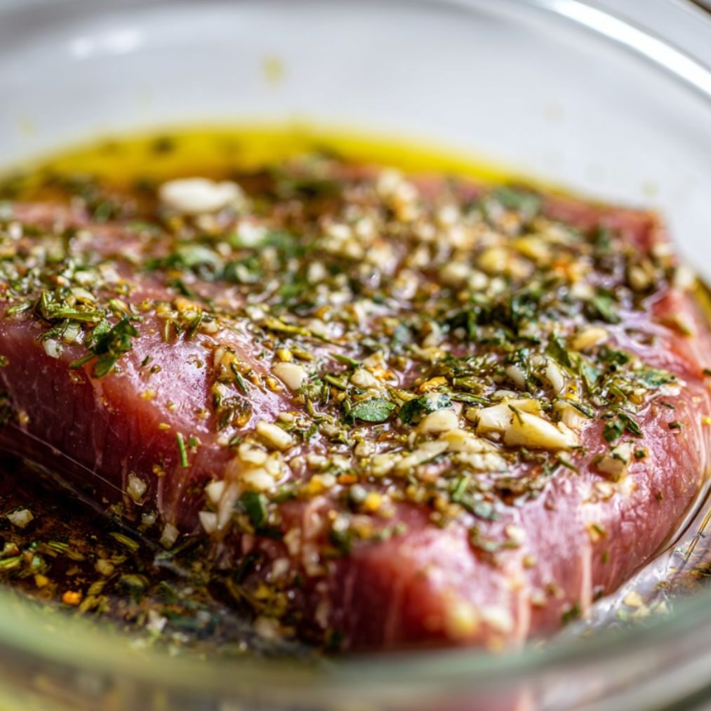 Flank steak marinating in garlic and herb mixture

