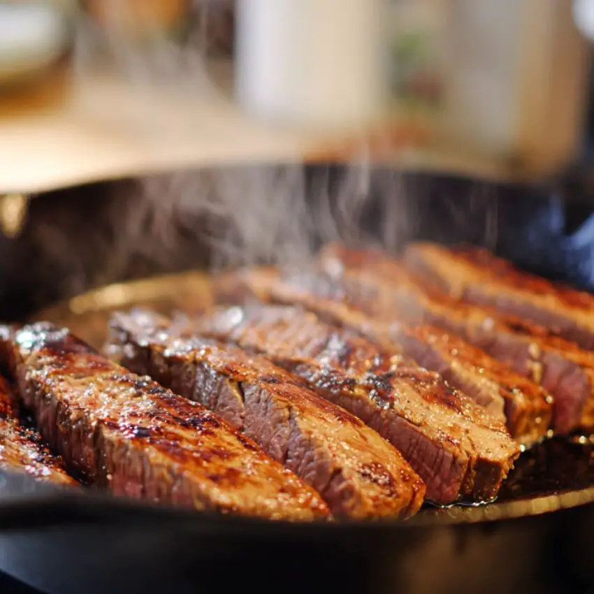 Flank steak cooking in a cast iron skillet

